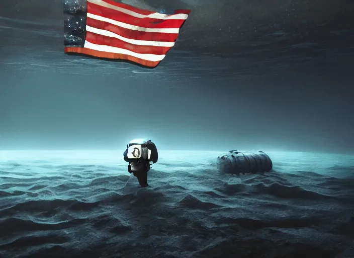 Image similar to astronaut underwater putting a flag in the sand of the bottom of the ocean. the remains of a futuristic submarine are visible in the distance. dark, concept art, cinematic, dramatic, atmospheric, 8 k, trending on artstation, low visibility, fog, ocean floor, zack snyder