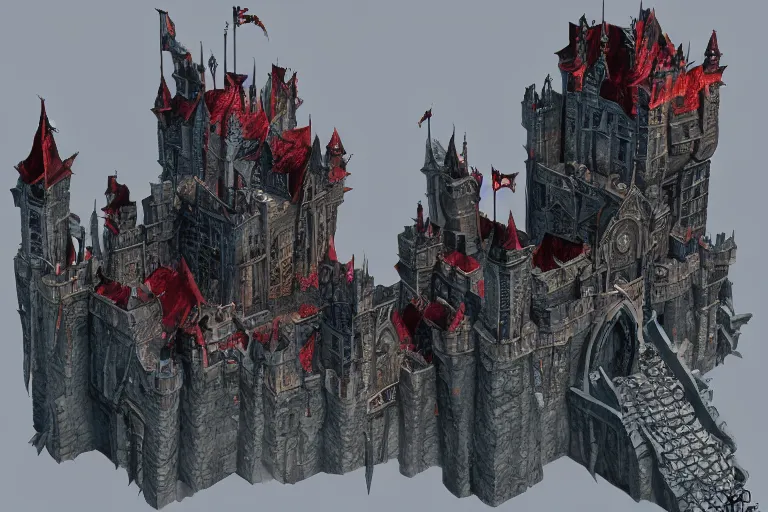 Image similar to big evil castle - city rock dark shadow elves, might and magic heroes vii, dark fantasy, shadows, artstation trending, unreal engine 5, red