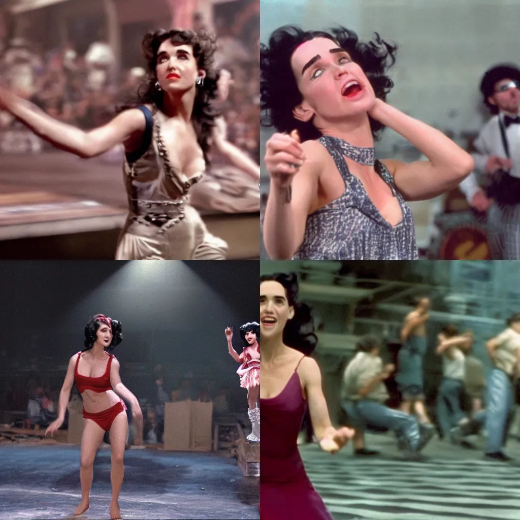 Prompt: scene from a biopic directed by spielberg with jennifer connelly dancing in front of a large crowd in the style of betty boop. a half man half wolf hurls in the background. cinematic, highly intricate, 5 0 mm