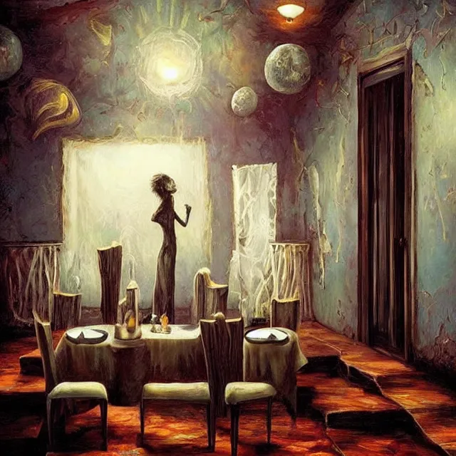 Image similar to a serene and tranquil dining room, haunted house, masterpiece, unease, grasping pseudopods, rhads!!!, magical realism, urban fantasy, ( h. r. giger )