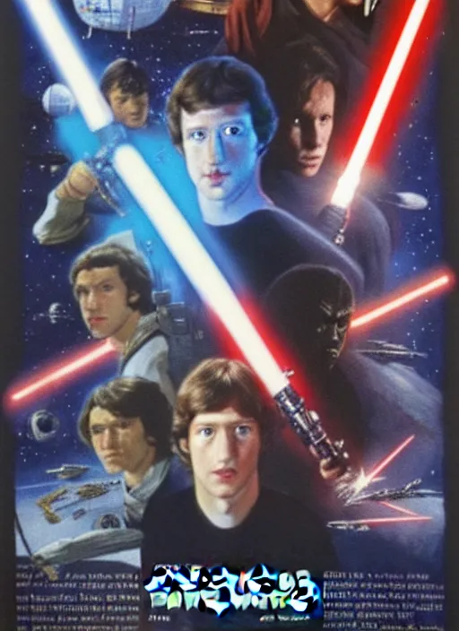 Image similar to Mark Zuckerberg as the protagonist on a Star Wars poster, late 70s, space, scifi, detailed, movie