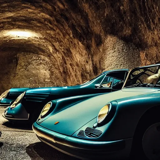 Prompt: a collection of classic porsche parked in a secret cave, moody photo,