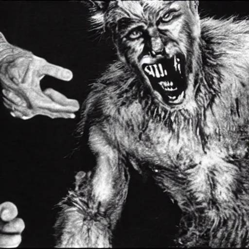 Image similar to film still of a werewolf extending his hand in the wolf man 1 9 4 1