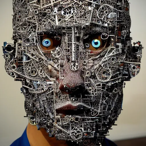 Prompt: artificial intelligence face being built piece by piece, epic, breathtaking, intricate details, in the style of salvador dali