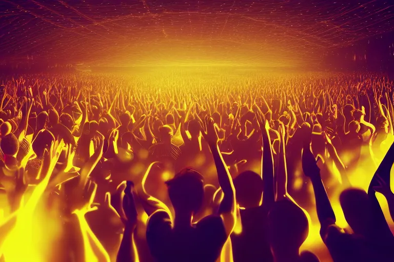 Image similar to crowd partying with their hands up at a festival, silhouette, moving head light beams, digital art, trending on artstation, 4k, unreal engine, intricate, ornate