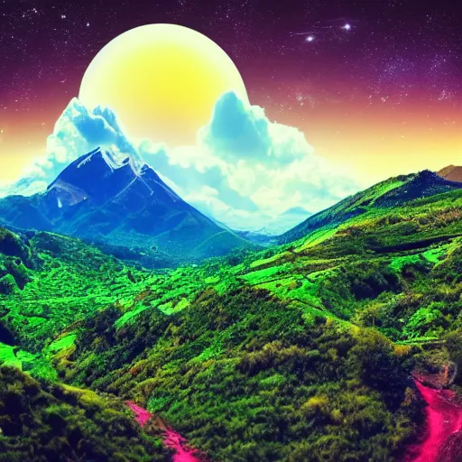 Image similar to the most beautiful and lush landscape in the universe, colorful mountains and green hills, planets in the sky and shooting stars, realistic lighting