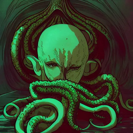 Prompt: A portrait of cthulhu, soft lighting, lovecraft, cool tones, cosmic horror, anime, in the style of studio ghibli, smooth