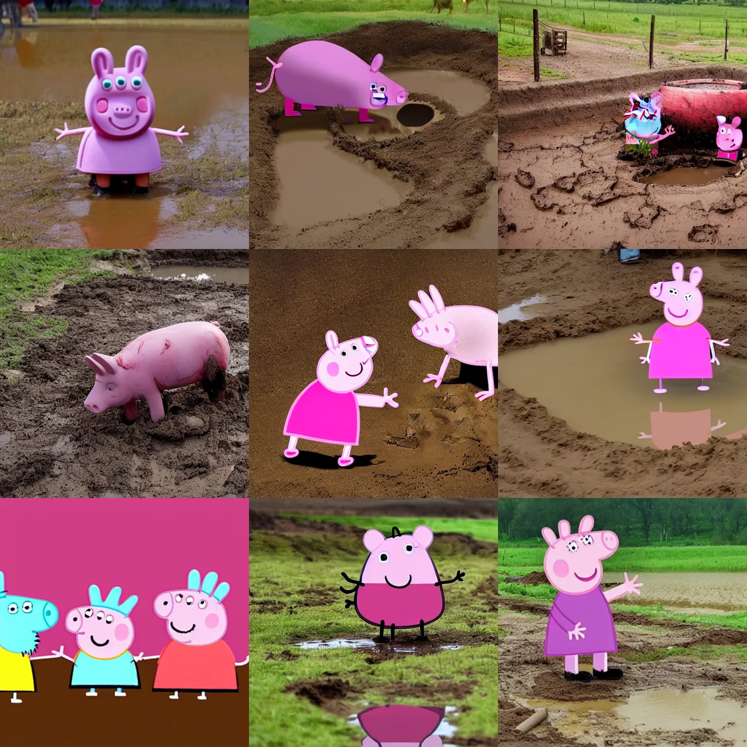 Prompt: peppa pig in the mud about to be slaughtered in eastern europe