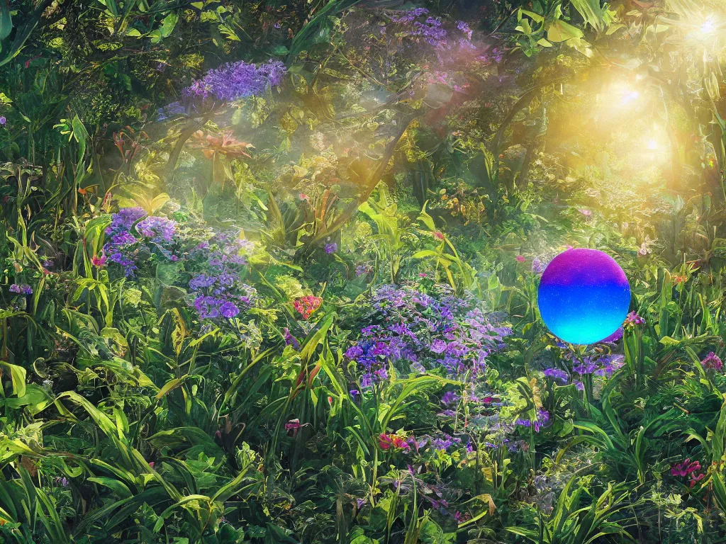 Prompt: sunlight study, the universe is a spheroid region 7 0 5 meters in diameter of kauai wildflower undergrowth, art nouveau, by maria sibylla merian and ( ( ( ( ( lisa frank ) ) ) ) ), 8 k, sharp focus, octane render