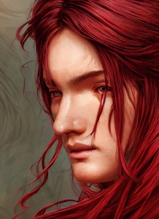 Image similar to vertical portrait of a ruggedly handsome female cleric, soft hair, close - up face, leather, witchy, d & d, fantasy, intricate, elegant, highly detailed, digital painting, artstation, concept art, smooth, sharp focus, illustration, art by artgerm and greg rutkowski and alphonse mucha, plain red background