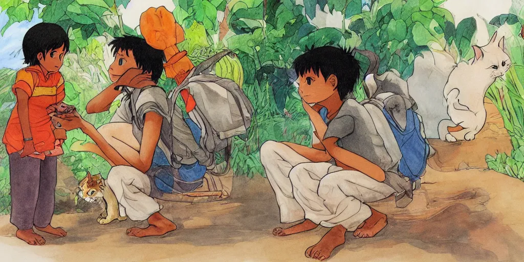Prompt: sri lankan kid and cat, drawn by hayao miyazaki