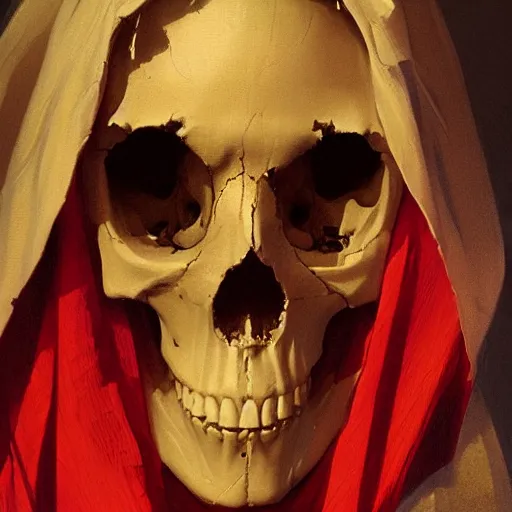 Image similar to painting of the virgin mary skull face by greg rutkowski and jc leyendecker