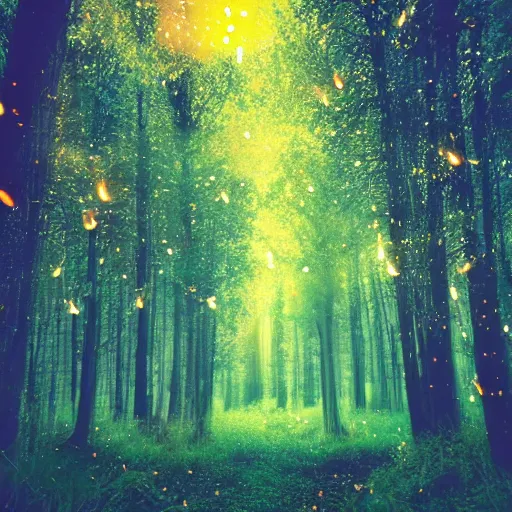 Prompt: an enchanted forest full of fireflies, night, warm light