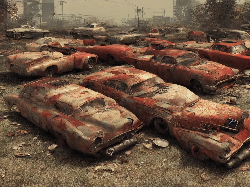 Image similar to an abandoned junkjard full of rusty dream cars from the fifties, 1 6 mm wideangle lens, volumetric lighting, octane render, artstation