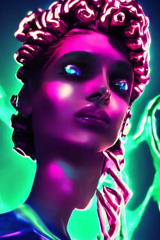 Image similar to a dramatic lighting photo of an elegant alien queen, vaporwave colors,