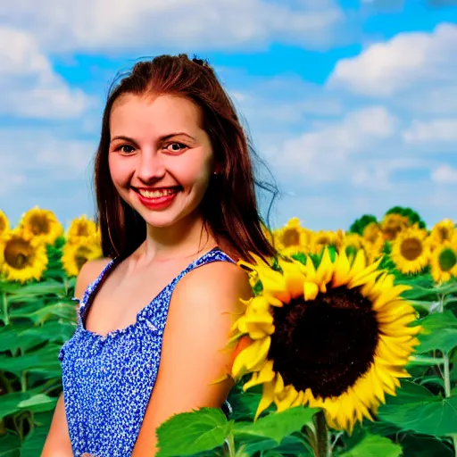 Image similar to Portrait, Photo of a Ukrainian girl Smiling at the camera, Beautiful pretty young, flowers in her dark hair, Scene: Sunflower field, Colors: Yellow sunflowers, blue cloudy sky, In a style of Real-Life Natural Photo