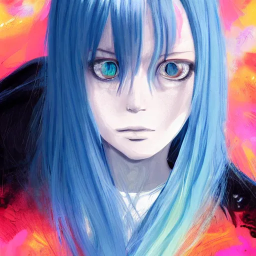 Image similar to full face shot of rimuru tempest, sky blue straight hair, long bangs, closed eyes, wearing a fancy black jacket, high collar, ultra detailed, brush strokes, digital painting, cinematic, wlop artstation, closeup, pixiv, eerie, scary, overpowering, evil, yoshitaka amano, andy warhol,