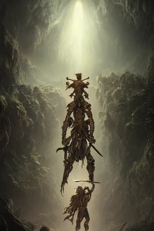 Prompt: a photographic portrait of The Ultimate Warrior, carrying swords on his back, standing under a beam of light, a dark cave, intricate, elegant, highly detailed, ornate, beautifully lit, ray traced, octane render, in the style of Peter Mohrbacher and Peter Gric