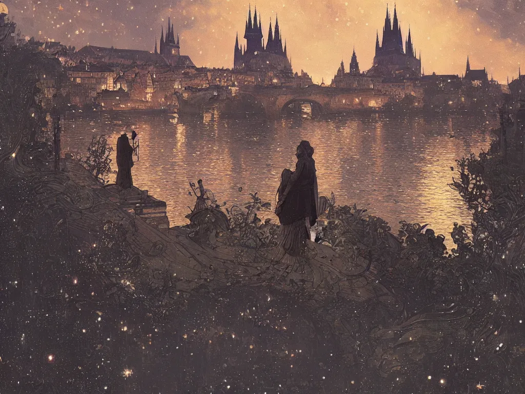 Image similar to a view from the river of prague at night with the sky full of stars, intricate, elegant, highly detailed, digital painting, artstation, concept art, smooth, sharp focus, colored illustration, art by krenz cushart and artem demura and alphonse mucha, anime wallpaper