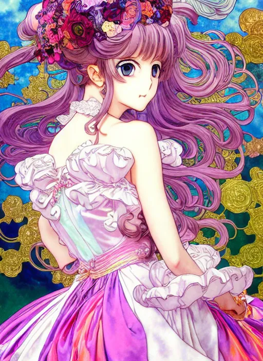 Image similar to manga of beautiful princess, rococo ruffles dress, pastel rainbow, pearlescent, shimmering, reflective, rim light, detailed background, takeshi obata, minaba hideo, shigenori soejima, alphonse mucha, illustration,, artstation, pivix, concept art, highly detailed, colorful, maximalist