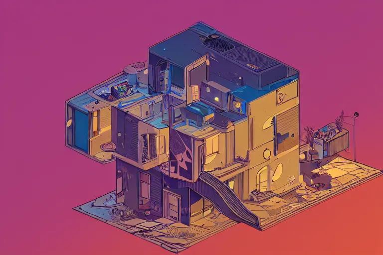 Prompt: a stunning and detailed illustration of a boombox shaped house by james gilleard, 8 k, behance award winner, geometric shading, inspirational architecture, rembrandt lighting