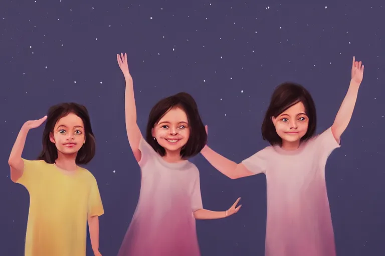 Prompt: portrait painting of cute little kids waving their hands, dreamy matte colors, night time, photorealistic faces and skin tones, volumetric lighting, smooth, trending on artstation, moonlit backdrop, 4 k