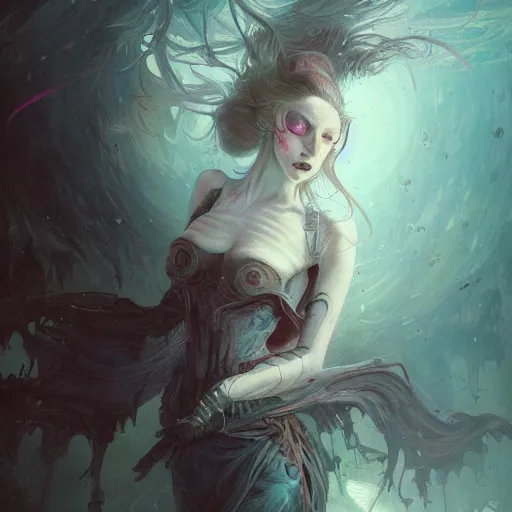 Prompt: painting of a pale witch, illustration, artistic, colorful, hyper detailed, in the style of Greg Rutkowski,