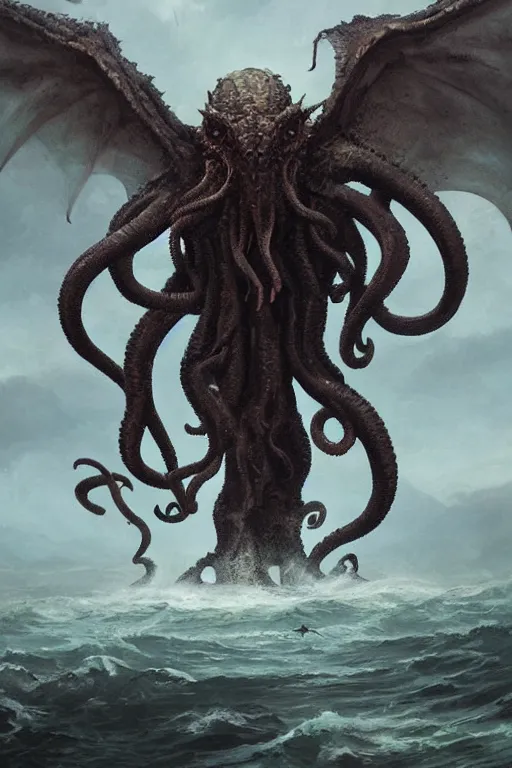 Prompt: cthulhu emerging from the ocean with wings spread, digital art, magic the gathering, a mountain walked or stumbled, mtg, by greg rutkowski, trending on artstation