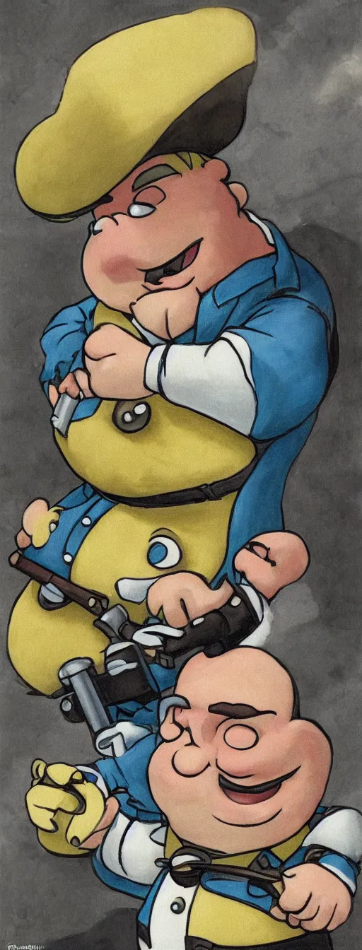 Image similar to fat plumber looking puzzled at a pipe