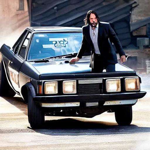 Prompt: john wick getting out of renault 1 2 car