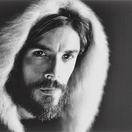 Prompt: Jesus moments after DMT hallucinations began. Close-up studio portrait by Robert Mapplethorpe. Tri-x