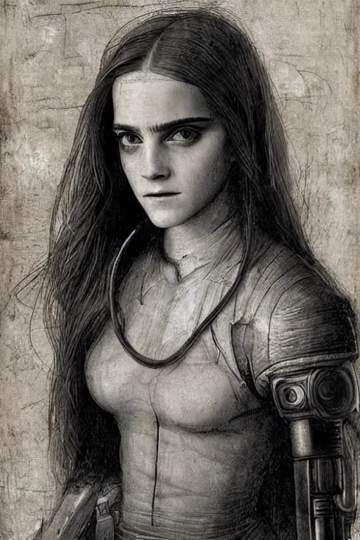 Prompt: a close - up portrait of a cyberpunk cyborg emma watson, by leonardo da vinci, rule of thirds