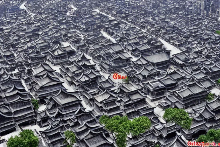 Prompt: the black and white palace buildings in the wei, jin and northern and southern dynasties in ancient china, the hard and strong buildings, the neat and dense buildings, the cool colors, the bird's - eye view, the panorama, central axis symmetry, cg original.