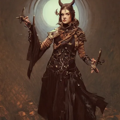 Image similar to masterpiece portrait of a surly and resentful female tiefling thief with horns clothed in ragged leather armor and a cloak, by Greg Rutkowski and John Collier and Krenz Cushart and Artem Demura and Alphonse Mucha and Albert Aublet, as seen on ArtStation, 4k, dungeons and dragons, very aesthetic, very detailed, intricate, unreal, fantasy, dramatic, painterly, artstation, sharp focus, smooth