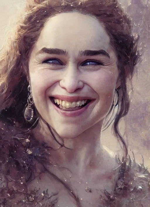 Image similar to happy emilia clarke smiling, detailed, by gaston bussiere, bayard wu, greg rutkowski, giger, maxim verehin, greg rutkowski, masterpiece, sharp focus, cinematic lightning