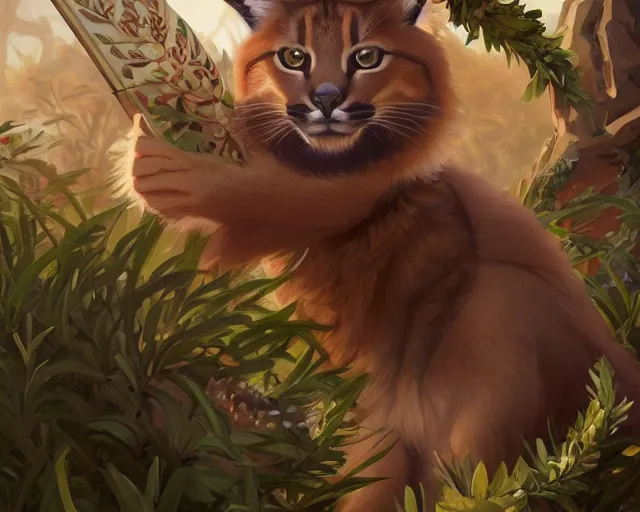 Image similar to a cute caracal wearing laurel wreath and a toga, photography of kurzgesagt, deep focus, d & d, fantasy, intricate, elegant, highly detailed, digital painting, artstation, concept art, matte, sharp focus, illustration, hearthstone, art by artgerm and greg rutkowski and alphonse mucha