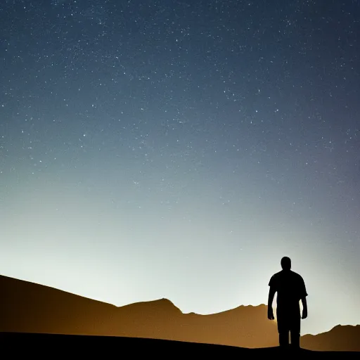 Image similar to a photo of a silhouette of a person in a color lit desert at night