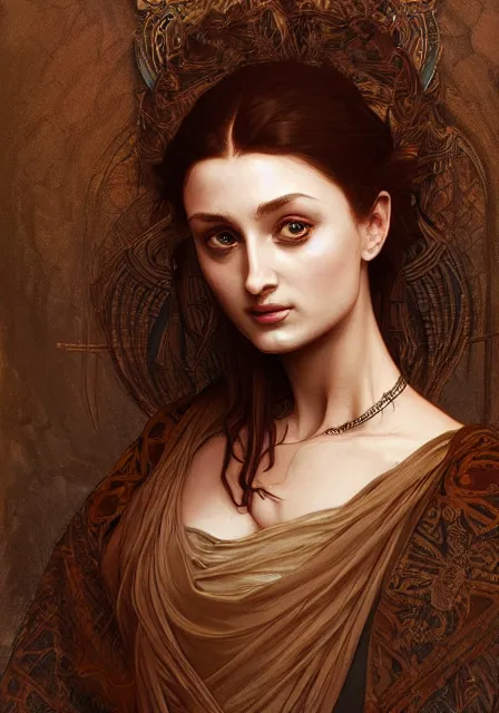 Image similar to sansa mummy of death brown, intricate, elegant, highly detailed, digital painting, artstation, concept art, smooth, sharp focus, illustration, art by artgerm and greg rutkowski and alphonse mucha and william - adolphe bouguereau