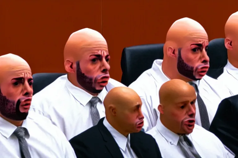 Prompt: coneheads testifying in court, detailed facial expressions