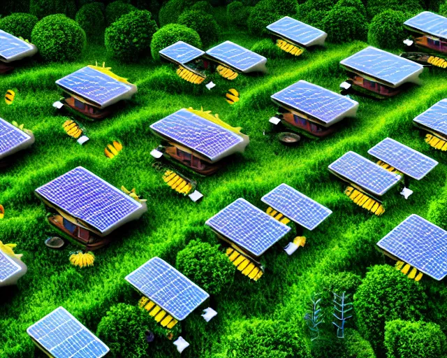 Image similar to connected ecovillage houses with solarroofs, very big bees flying around - plant goddess high quality photo, microchip, artificial intelligence, bio - mechanical bio - luminescence, black wired cables, neurons, nerve cells, cinematic, rim light, photo - realistic, elegant, high detail, 8 k, masterpiece, high fashion, in the style of man ray