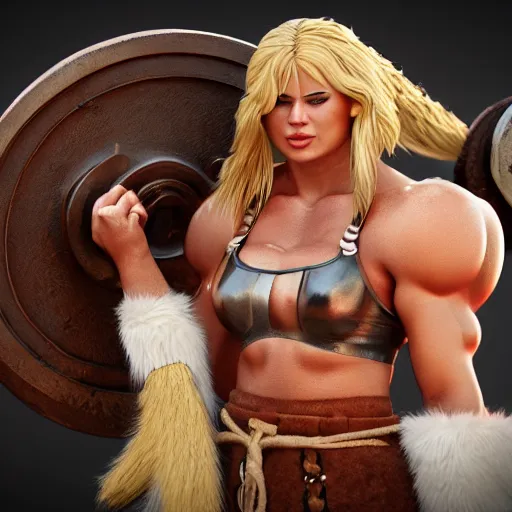 Image similar to a handsome bodybuilder viking girl with blond hair, clash royal style characters, unreal engine 5, octane render, detailed, cinematografic, cinema 4 d