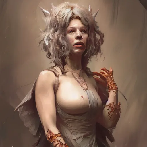 Image similar to dark fantasy character portrait of Peppa Pig, dramatic, unsettling, intricate, wild, highly detailed, digital painting, artstation, upper body, concept art, smooth, sharp focus, illustration, art by artgerm and greg rutkowski and alphonse mucha