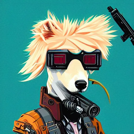 Image similar to a portrait of an anthropomorphic cyberpunk blond terrier! holding a shotgun, fantasy, elegant, digital painting, artstation, concept art, matte, sharp focus, illustration, art by josan gonzalez