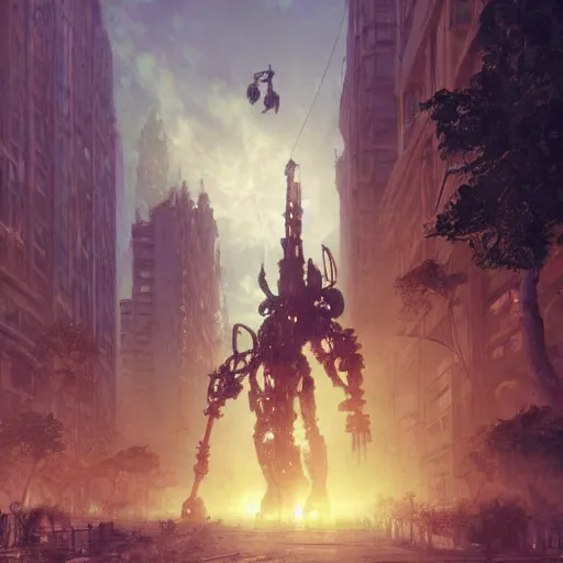 Image similar to six feet tall mech fighting in an urban environment, gaudi, by gaston bussiere, by ismail inceoglu, octane render, by weta digital, cinematic lighting, bump mapped, lumen reflections, action scene screenshot, epic scale