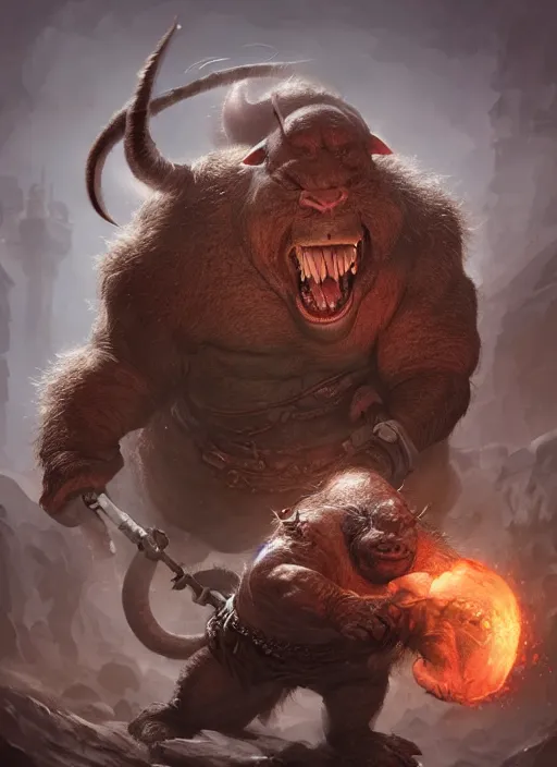 Image similar to a rat ogre choking a dwarf, warhammer, ultra detailed, fantasy, dramatic lighting, trending on artstation, award - winning, artgerm and greg rutkowski, 8 k