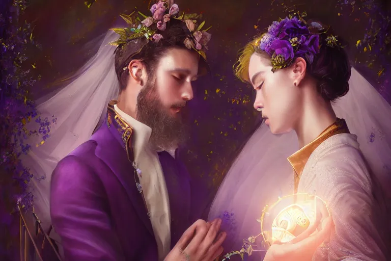 Image similar to a dreamlike cinematic portrait of wedding photograph close up moment of a divine a russia sun god and moon goddess lovers magician at a wedding banquet. portraiture. digital painting. artstation. concept art. fantasy wedding photo. digital painting, 8 k realistic, hyper detailed, violet evergarden art masterpiece by art by krenz cushart