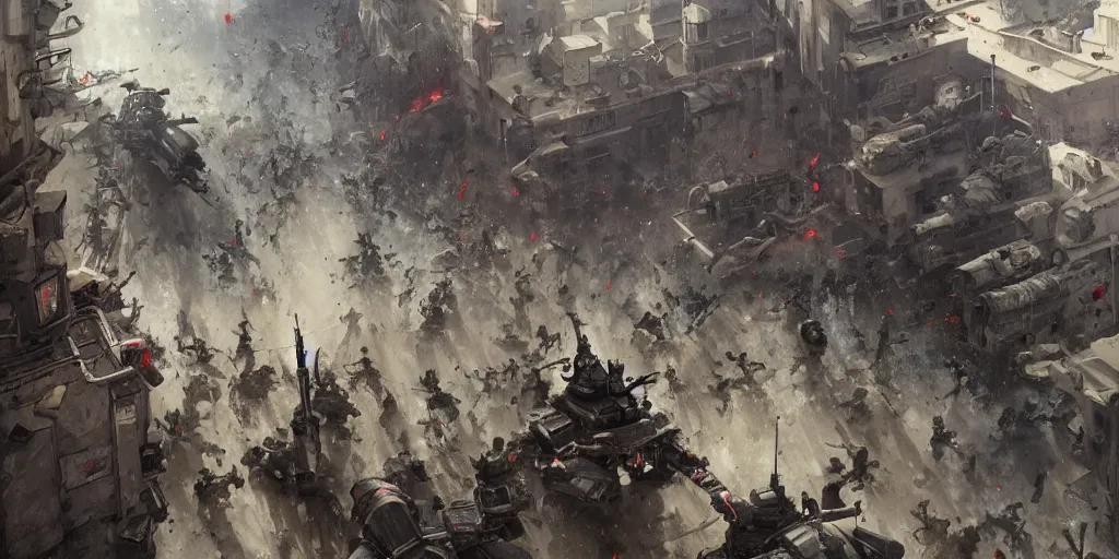 Image similar to french army and civilians are getting slaughtered by one samurai robot in the interbellum paris, very detailed painting, concept art, intense heavy street battle, bullet hell, pile of bodies, artillery bombings, blood on the streets, art by greg rutkowski and jakub rozalski