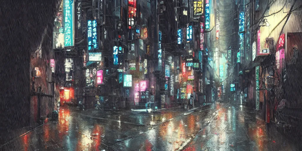 Image similar to Cyberpunk back alley on a rainy day in Japan, low angle view, detailed matte painting, cinematic, Moebius, Artstation