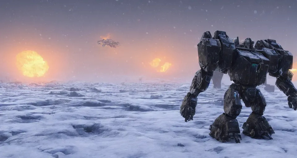 Image similar to mechwarrior standing in a vast, icy landscape, snow, blizzard, sunset, atmospheric, by artgerm, 8 k, octane render, unreal engine, artstation, concept art