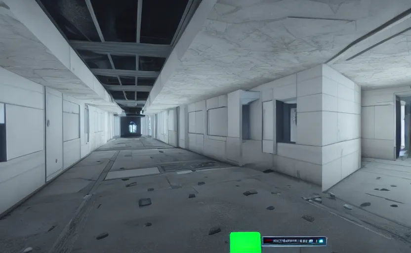 Prompt: screenshot of a first person shooter game on unreal engine 5, narrow modern hallways of a futuristic government facility with white dry wall, photorealistic, retrofuturism